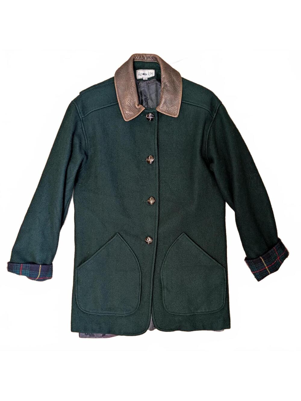 1960s Herman Kay Hunter Green Wool Coat Leather Collar Tartan Plaid Lining